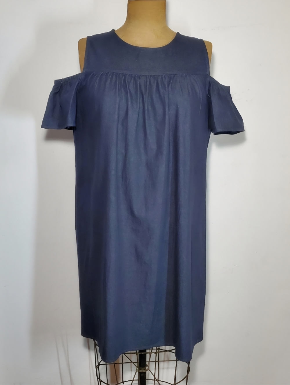 Maggy L Size M Dress Chambray Denim Stretch Cold Shoulder Swing Angel Trapese